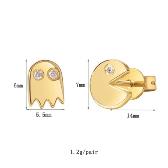 14K Gold Pac Man Mismatch Earrings Set - Picture 2 of 3